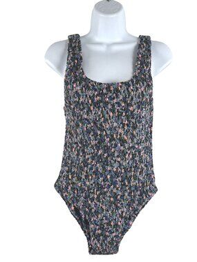 Aila Blue Smocked One Piece Swimsuit Medium Floral Multicolored Colorful SW-2146